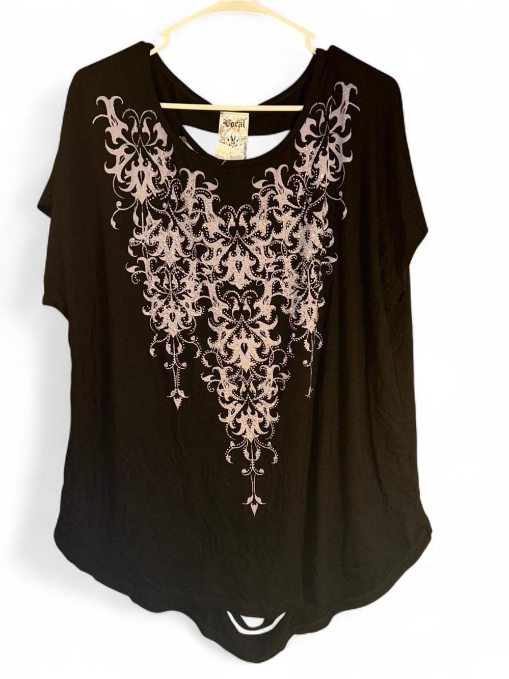 Vocal Black Short Sleeve Top with Ornate Front Design